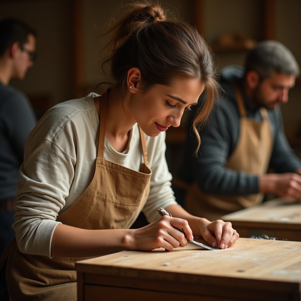 Allievo che applica la stuccatura su un cassettone del Settecento