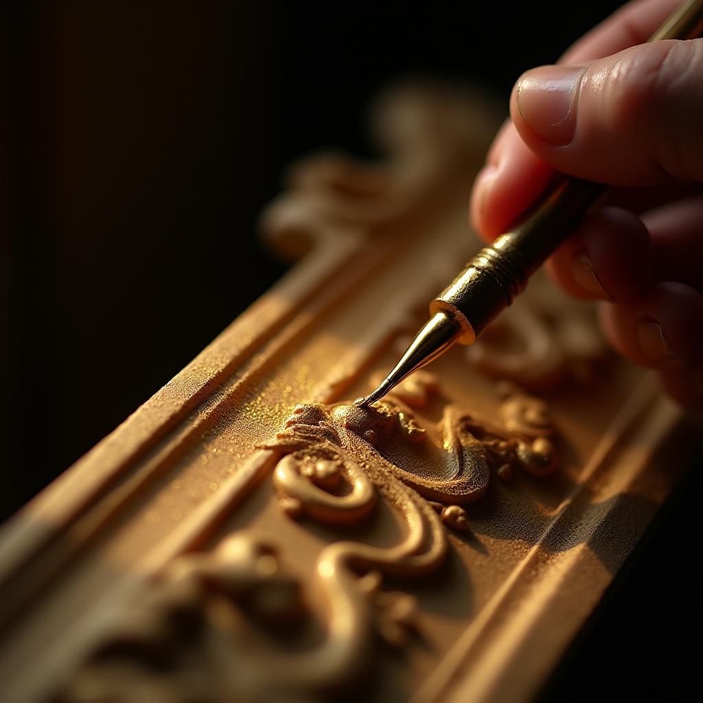 Applicazione di foglia d'oro su cornice intagliata di mobile barocco