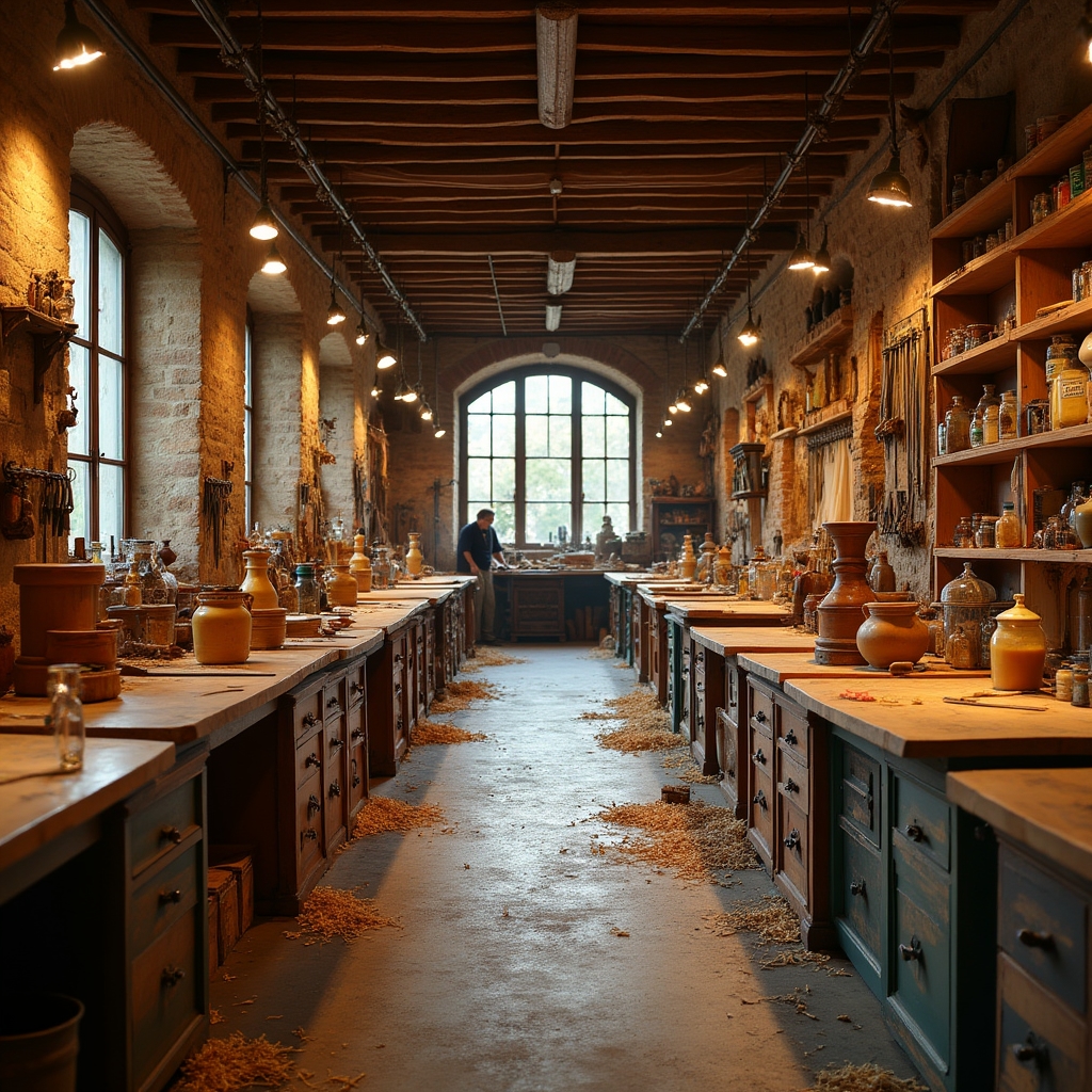 Vista interna del laboratorio di restauro con banchi da lavoro e attrezzi