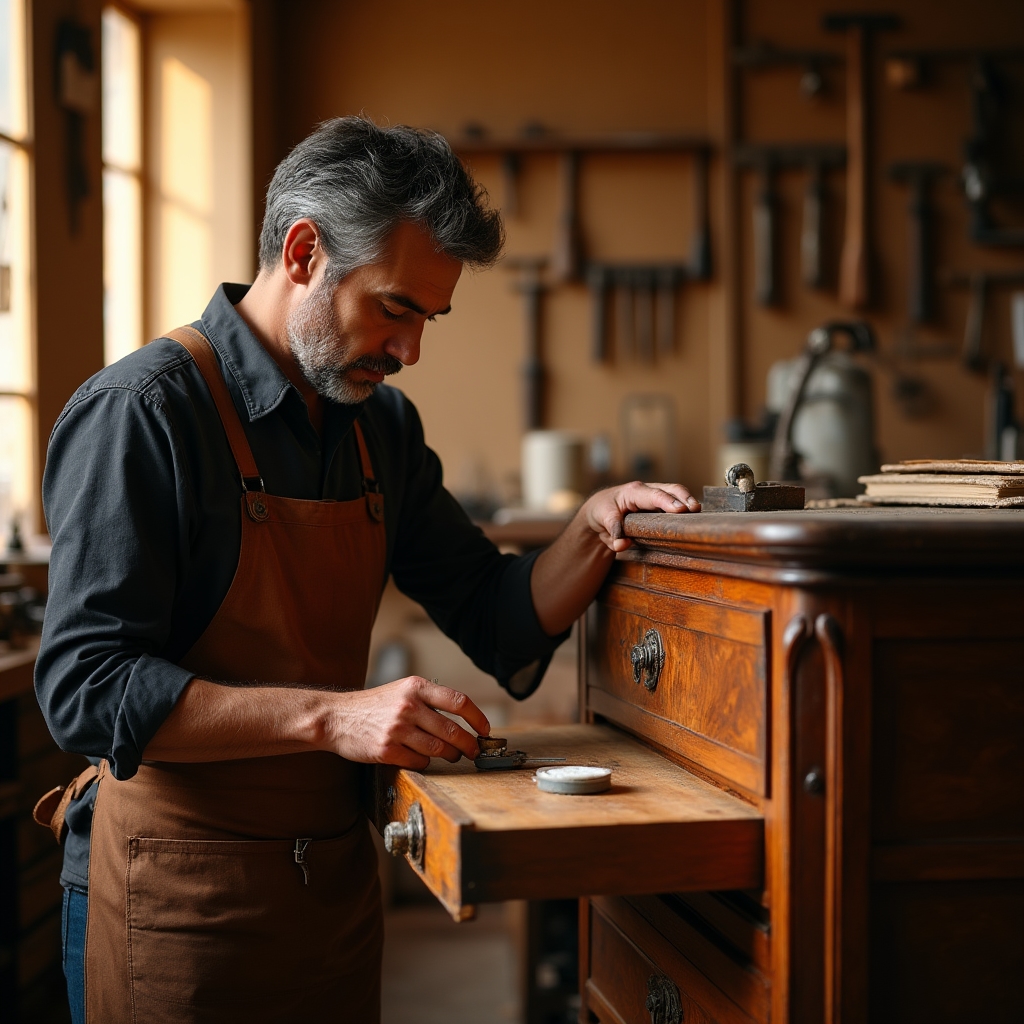 Artigiano al lavoro su un mobile antico nel laboratorio di restauro