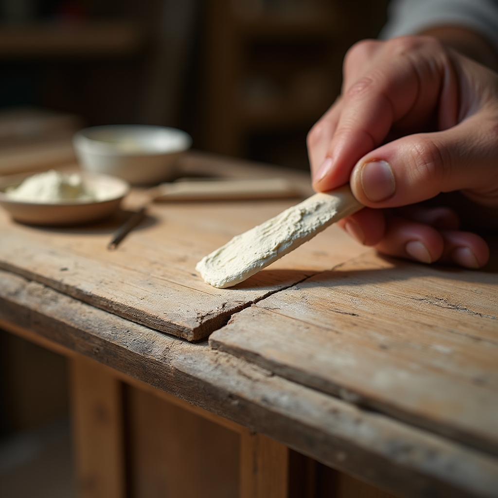 Applicazione di stucco tradizionale su lacuna di mobile antico